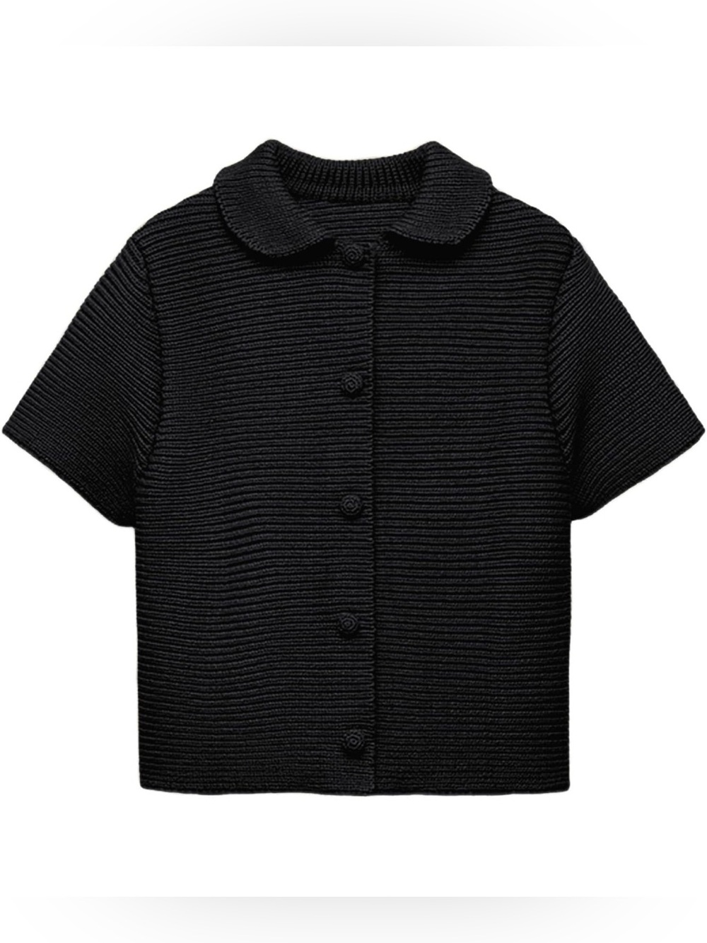 NWY Black Ribbed Knit Short Sleeve Button Front Top